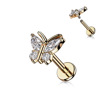 Серьга микролабрет "Бабочка" для пирсинга Монро или хряща уха Spikes LIA19-1608-RD из стали (Золотистый; 8мм)