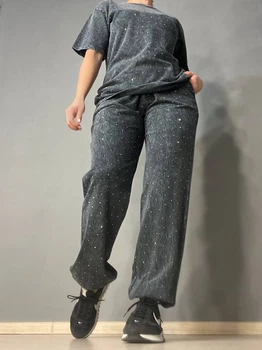 Костюм женский Coast Moda 4256 вареный в технике тай-дай джоггеры с футболкой россыпь камешков L графит
