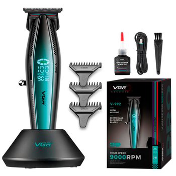 Триммер аккумуляторный VGR V-992 GREEN, 9000 RPM, 2000 mAh, 3 насадки, LED дисплей