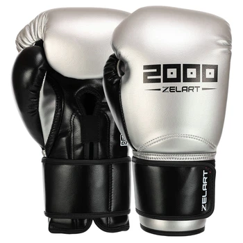 Перчатки боксерские кожаные ZELART BO-3897 (размер 14oz, серебряно-черный)