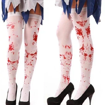Чулки карнавальні на Halloween принт у крові для костюма скелета, зомбі, мертвої нареченої, універсальний розмір, біло-червоні (10329)