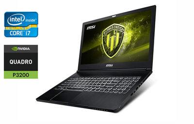 Мобільна робоча станція MSI WS63 / 15.6" (1920x1080) IPS / Intel Core i7-8750H (6 (12) ядер по 2.2 - 4.1 GHz) / 32 GB DDR4 / 1000 GB SSD / nVidia Quadro P3200, 6 GB GDDR5, 192-bit / WebCam / Windows 10 б/в