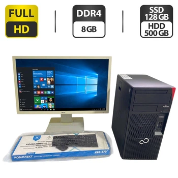 Комплект ПК: компьютер Fujitsu Esprimo P558 E85 Tower / Intel Core i3-8100 (4 ядер по 3.6 GHz) / 8 GB DDR4 / 128 GB SSD + 500 GB HDD / Intel UHD Graphics 630 + Монитор Б-класс Acer B246HL / 24" (1920x1080) TN + Клавиатура, мышка, кабели б/у