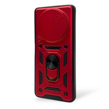 Чехол для Xiaomi Redmi 14C бронированный с кольцом-держателем со шторкой красный