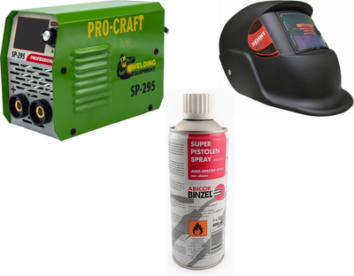 Набыр Сварочный инверторный аппарат ProCraft SP-295 (002952Procraft) + Сварочная маска Зенит WH - 100 с фильтром автоматического затемнения (4820235111168) + Спрей антипригарный сварочный Abicor Binzel 400 мл (192.0213.1)