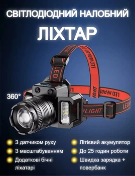 Світлодіодний сенсорний налобний ліхтар F-T51 з датчиком руху, водонепроникний ліхтарик з акумулятором, з USB Type-C, вбудований повербанк 2000 mAh (NL101SV)