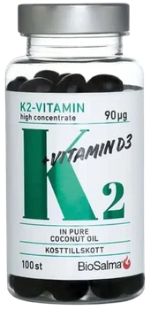 Харчова добавка з жиророзчинними вітамінами K2 и D3 BioSalma K2 90 мг + D3-вітамін 25 мг 100 капсул