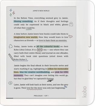 Електронна книга 7" Kobo Libra Colour / 32ГБ / Linux / Wi-Fi / Bluetooth / Кольоровий сенсорний E-Ink екран (1680 × 1264) / Налаштовувана яскравість / Вологозахищеність IPX8 / До 5 тижнів роботи від батареї / Білий (N428-KU-WH-K-CK) (101647088) - Б/В