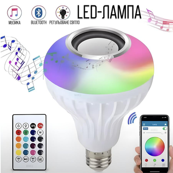 Светодиодная лампа с Bluetooth колонкой LED 12Вт в патрон Е27, RGB светильник с динамиком и пультом