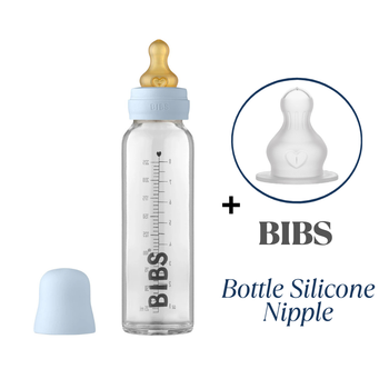 Скляна дитяча пляшечка BIBS Baby Glass Bottle повний комплект 225 ml - Baby Blue з додатковою соскою в подарунок