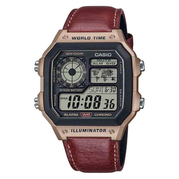 Мужские наручные часы Casio AE-1200WHL-5A Бронзовые\Черный экран\Коричневый ремешок