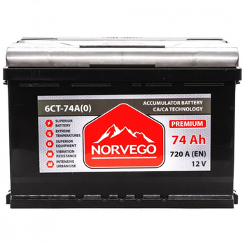 Аккумулятор автомобильный NORVEGO ВЕСТА Premium 74A +прав (0) (720 пуск) (248408)