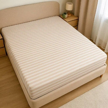 Простирадло на гумці "Stripes Beige" з бязі голд 160х200 см