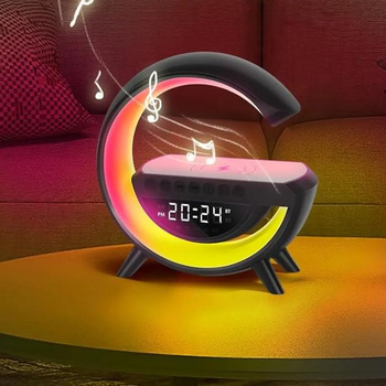 Светодиодная лампа-ночник с беспроводной зарядкой, будильником и Bluetooth колонкой 21*21*8см, настольная RGB лампа BT-3401-Black