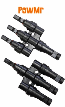 Конектор тройник MC4 1х3 POWMR, для солнечных панелей 30A 1000V (пара - папа+мама, комплект из 2 штук) IP67 (разветвитель, удвоитель, тройник, для обединения солнечных панелей в массив)