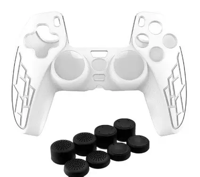 Чехол белый TOYILUYA + 9 в 1 колпачки для геймпада DualSense PS5 (силиконовые накладки)