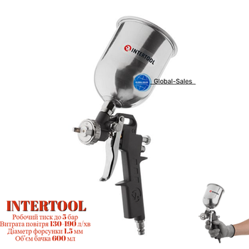 Пневмопистолет лакокрасочный Intertool верхний бак (металл) 600 мл d=1.5 мм (PT-0205)