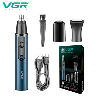 Аккумуляторный триммер для носа та вух 2 в 1 с IPX4 и USB VGR V-626 Pro Синий + Щетка