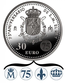 Монета Испания 30 евро 2013 Серебро UNC 75 лет Королю Хуан Карлосу I (Ag 925, 18 грамм)