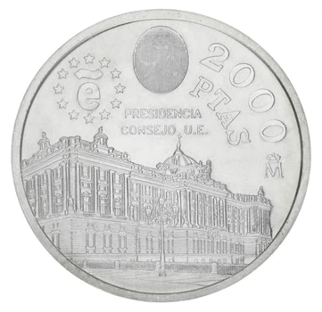 Монета Испания 2000 песет 1995 Серебро UNC Председательство в ЕС (Ag 925, 18 грамм)
