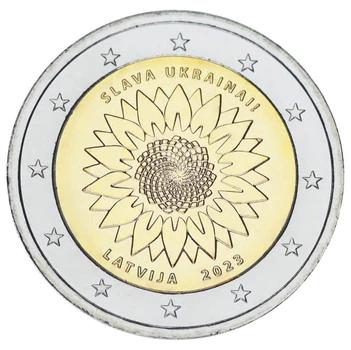 Монета Латвия 2 евро 2023 Биметалл UNC Украина Подсолнух