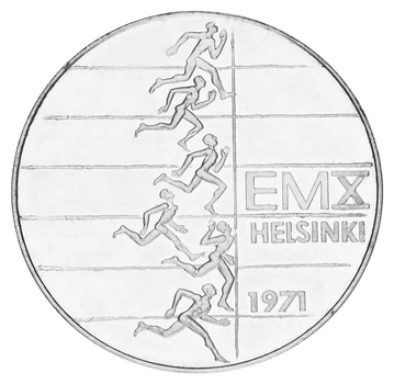 Монета Финляндия 10 марок 1971 Серебро F-VF Чемпионат Европы по лёгкой атлетике в Хельсинки (Ag 500, 24,2 грамм)