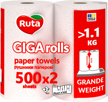 Бумажные полотенца Ruta GIGA Rolls 2 слоя 2 рулона 1000 отрывов Белые (4820202895848)