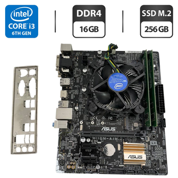 Комплект: материнская плата Asus H110M-A/M.2 / Intel Core i3-6100 (2 (4) ядра по 3.7 GHz) / 16 GB DDR4 / 256 GB SSD M.2 / Intel HD Graphics 530 / Socket LGA1151 / Кулер BOX б/у