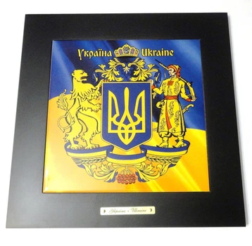 Панно дерево - керамика Герб України 24 х 24 см