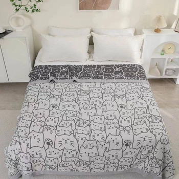 Муслиновый плед покрывало Cappone Кошачья компания хлопок 4 слоя 200×230 см, серый