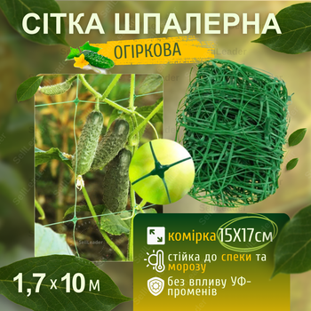 Сітка зелена 1,7х10м з великими комірками 15х17см для огірків винограду кабачків захисту саду огорожі зелена
