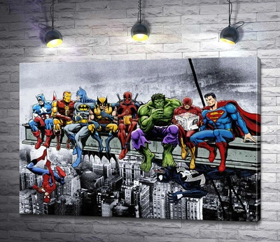Картина Обед супергероев Marvel на небоскребе 60x42 см Модуль №1 (001229)