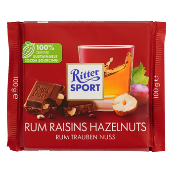 Шоколад молочный Ritter Sport с ямайским ромом, изюмом и орехами, 100 г