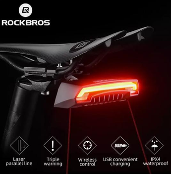 Бездротовий на пульті ROCKBROS R1 Задній покажчик поворотів / стоп, вело габарит USB (LKWD-R1) поворотник Чорний