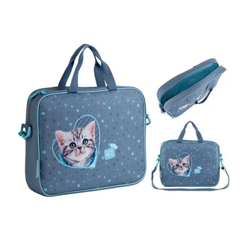 Сумка-портфель А4 Kite Studio Pets "Котик" 34х27х7 см тканева сіро-бірюзова (SP25-589-2)