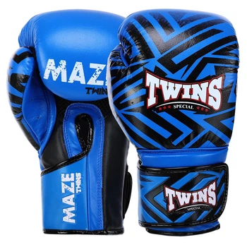 Рукавички шкіряні боксерські Twins Maze 5067 на липучці розмір 14 унцій Blue-Black
