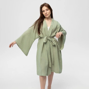 Кімоно Pretty з мусліну довге зелене One size