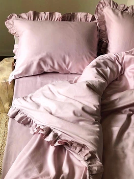 Комплект постільної білизни Cozy з рюшами рожевий Односпальний 140*200 см, простирадло 130*240 без резинки