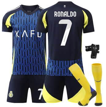 Форма футбольная детская Ronaldo (Роналдо) 7 Al-Nasr (Аль-Наср), сезон 24/25 с гетрами (размер 34-38) и щитками, 20 размер, рост 115-120 см, черно-синяя с желтым