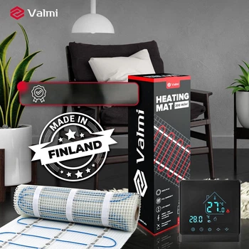Теплый пол Valmi 200Вт/м² тонкий греющий кабельный мат под плитку 1,5 м²/300 Вт с сенсорным программируемым терморегулятором AC8400H черный