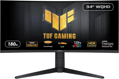 Монітор 34" Asus TUF Gaming VG34VQL3A (90LM06F0-B02E70) WQHD VA / 1500R / 180Hz / 1 ms / 8-Bit + FRC / HDR400 / FreeSync Premium Pro / G-Sync Compatible / Shadow Boost / Speackers 2W