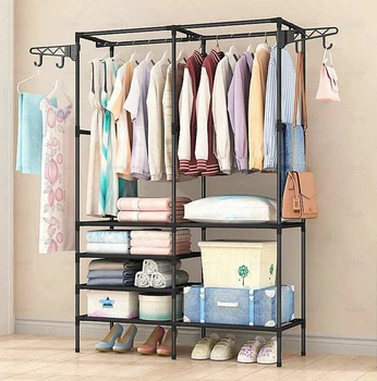 Стійка Вішалка Подвійна Для Одягу та Взуття Simple Coat Rack Double Row Підлогова Стальна З Поличками І Гачками Black