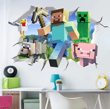 Интерьерная виниловая 3D наклейка на стену Майнкрафт - Minecraft 60-40 см в детскую N3 ( Декор Комнаты Обои )