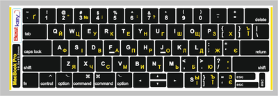 Нестираемая ламинированая наклейка Best Key на MAC book pro матовая черная непрозрачная ЖЕЛТАЯ кирилица, 69 кл. 16,5х15,5 мм