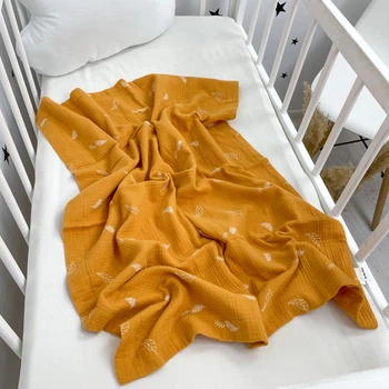 Муслиновий плед 4х-слойный 120х90 см Oh My Kids "Листочки" горчичный