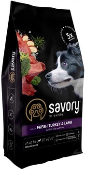 Сухой корм для собак средних пород Savory со свежим мясом индейки и ягнятиной 12 кг