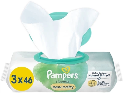 Дитячі вологі серветки, 3x46 шт. - Pampers New Baby Harmonie Body Wipes (1343384-27058869)