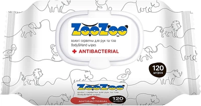 Вологі серветки для рук та тіла "Антибактеріальні" з клапаном - ZooZoo 120шт (1343218-27068845)