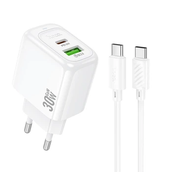 Мережевий зарядний пристрій Hoco CS55A 30W / 3A USB+Type-C із швидкою зарядкою + кабель Type-C-Type-C White