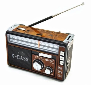 Радиоприемник Golon X-BASS TF/USB/5V с фонарем от 2 батарейки R20 + сеть цвет коричневый